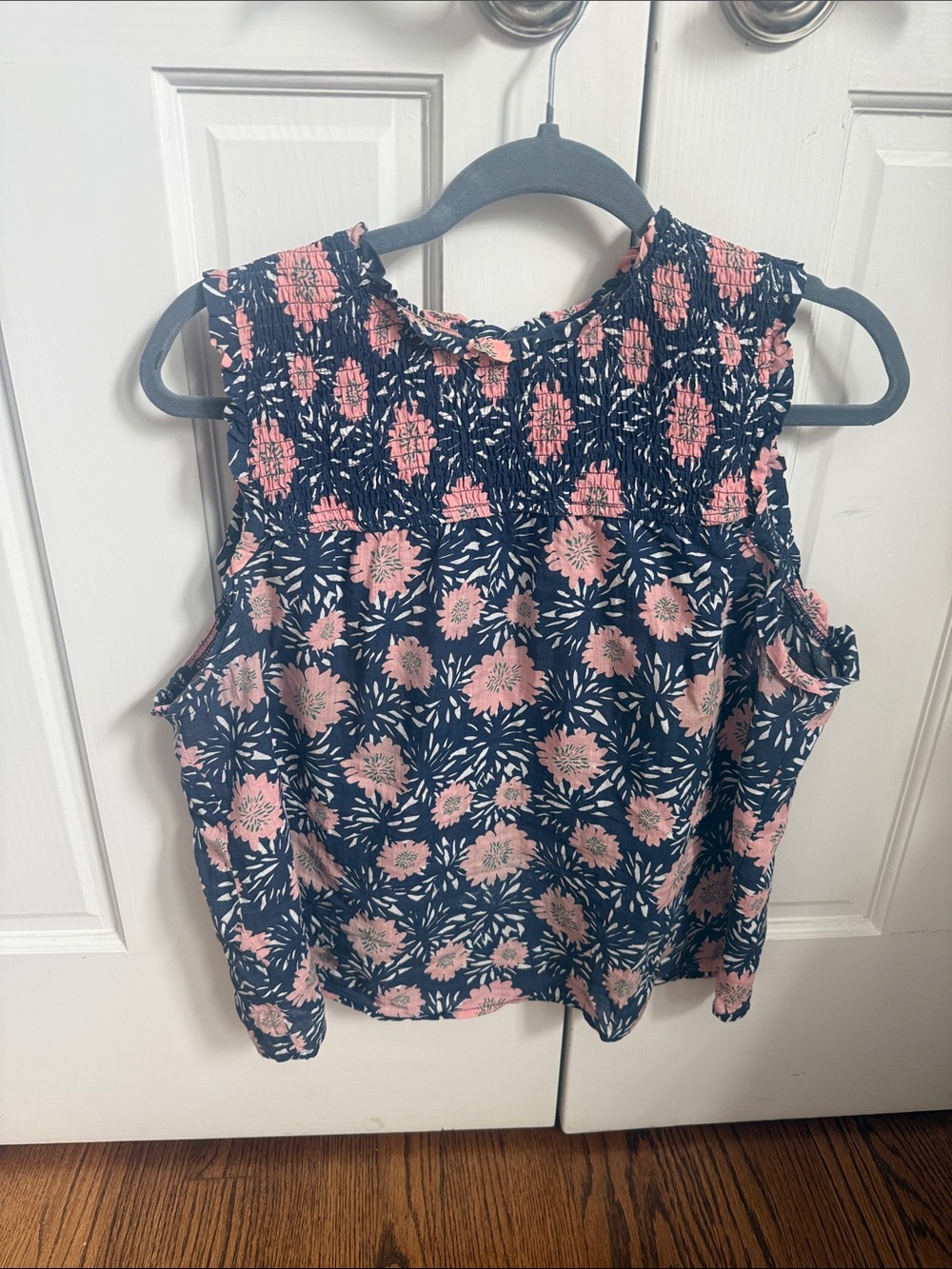 THML Navy Sleeveless Floral Smocked Tank with Pink Flowers